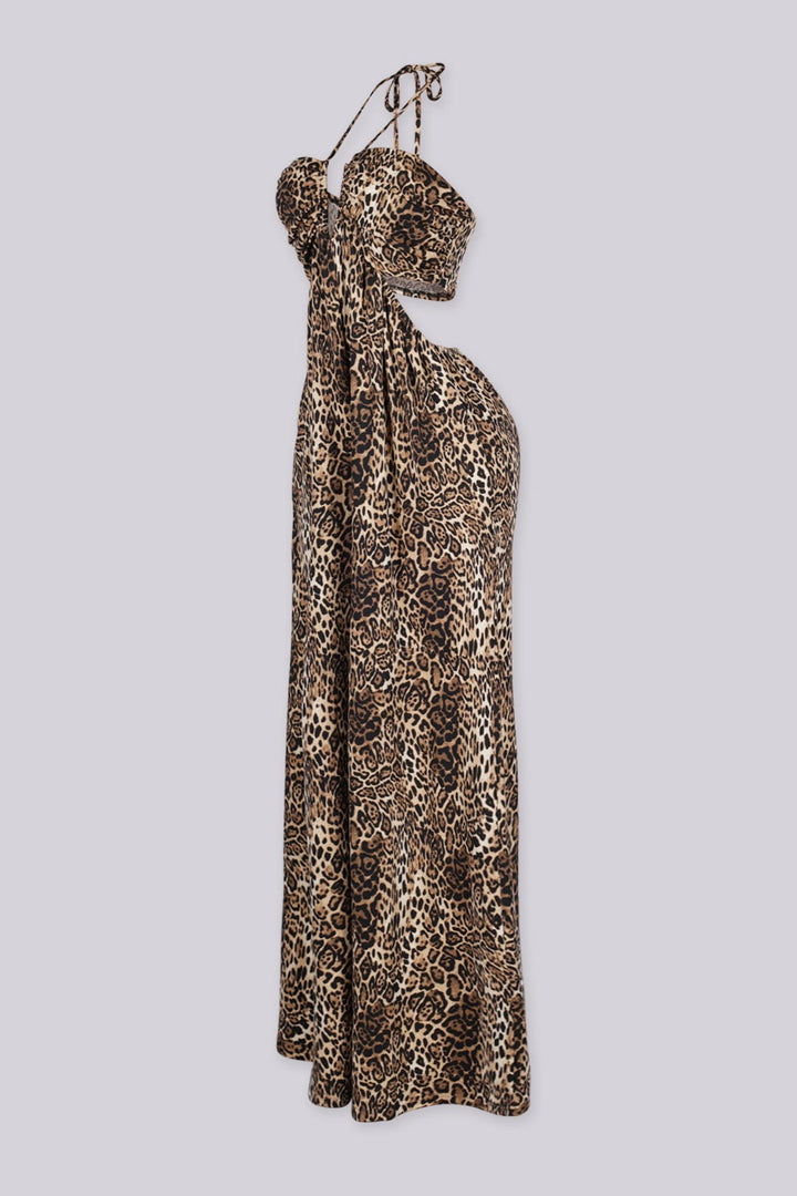 EDGEBYKS - Leopard print halter neck jumpsuit featuring structured U cut plunging neckline, Open back with slip on closure, side view