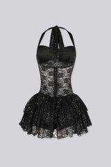EDGEBYKS - Sheer floral lace with tiered ruffle mini dress, back view