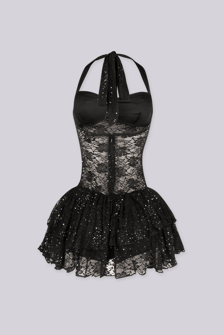 EDGEBYKS - Sheer floral lace with tiered ruffle mini dress, back view