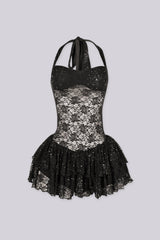 EDGEBYKS - Sheer floral lace with tiered ruffle mini dress, front view