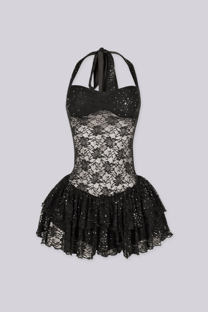 EDGEBYKS - Sheer floral lace with tiered ruffle mini dress, front view