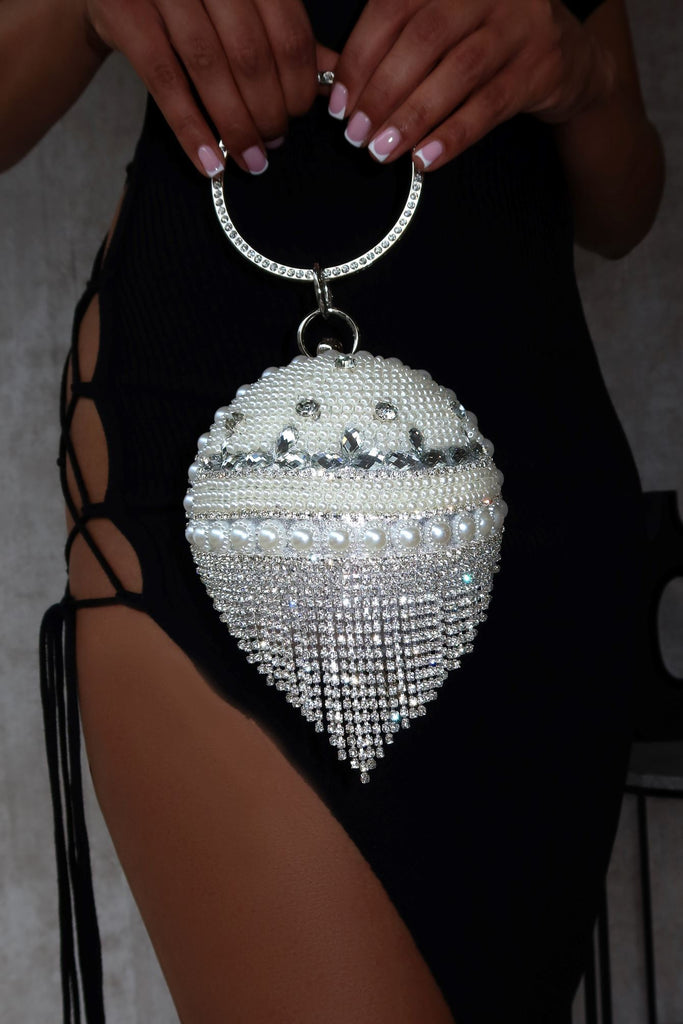 Judy Rhinestone Fringe Top Handle Pearl Ball Clutch Apparel & Accessories EDGE Silver 