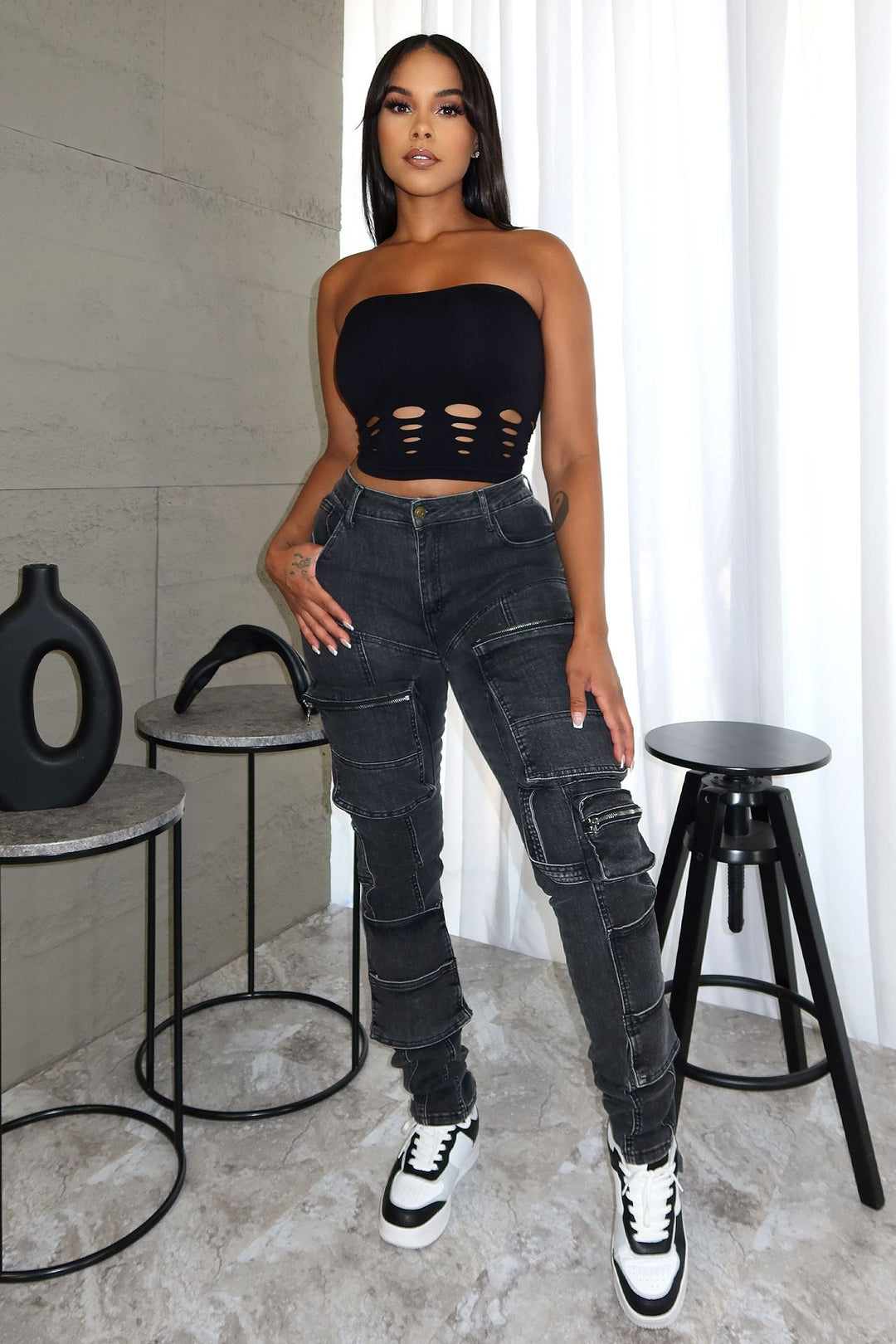 Shannon Cargo Washed Skinny Jeans jeans EDGE Small Acid Black 