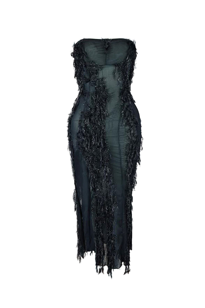 Glitter Shaggy Faux Fur Mesh Tube Midi Dress Dresses EDGE Small Black 
