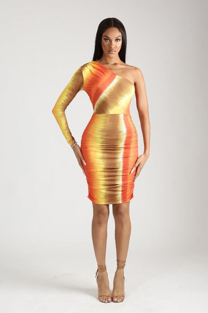 Ignition One-Off The Shoulder Ruched Midi Dress - Rust - KNOWSTYLE - EDGE - EDGEONLINESTORE