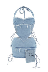 Takeover Denim Halter Top &amp; Low Rise Skirt SET matching sets EDGE Small Light Wash 