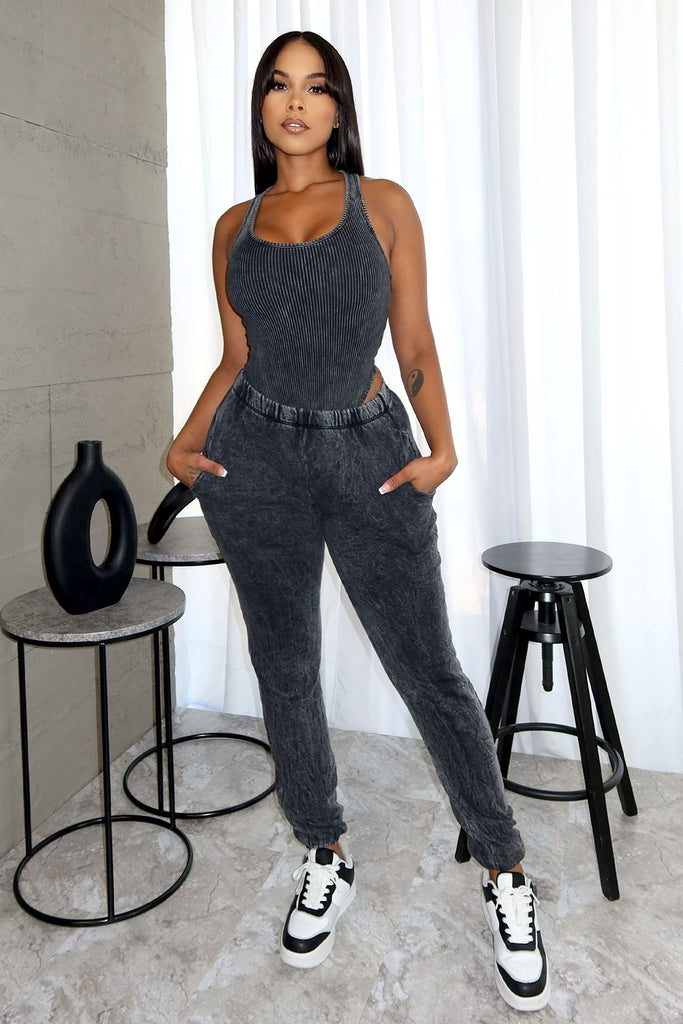 Jessie Mineral Washed Bodysuit & Jogger SET matching sets EDGE Small Black 