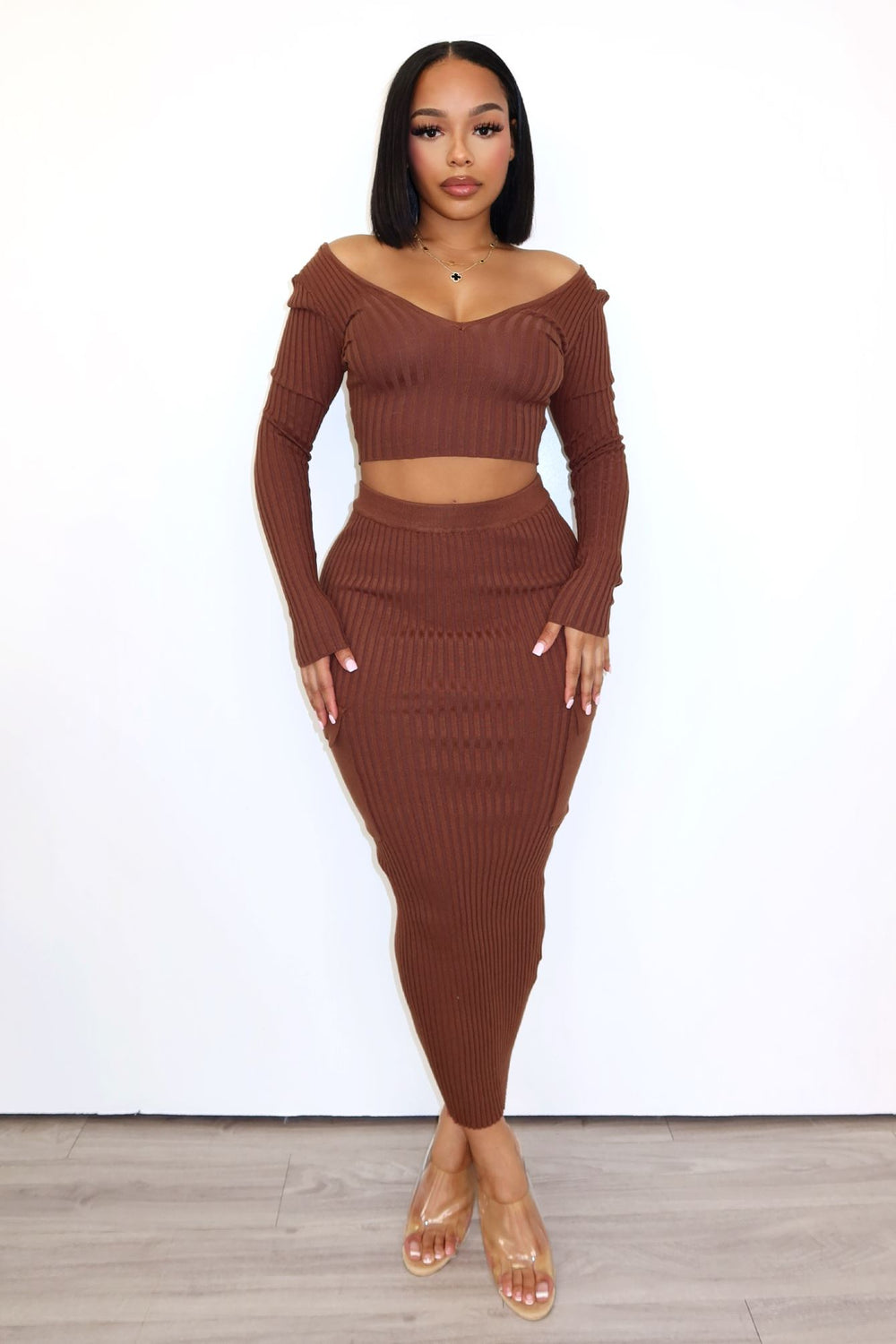 Sweet Sweater Knit Top & Midi Skirt SET matching sets EDGE X-Small Cognac 