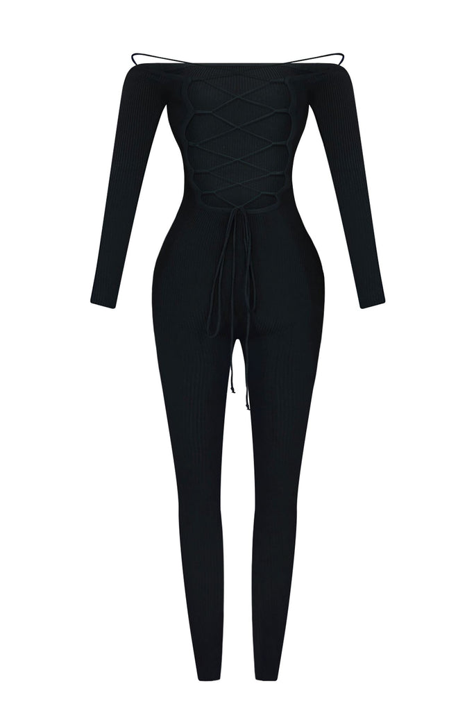 Play Hard Off Shoulder Knit Jumpsuit Rompers + Jumpsuits EDGE Small Black 