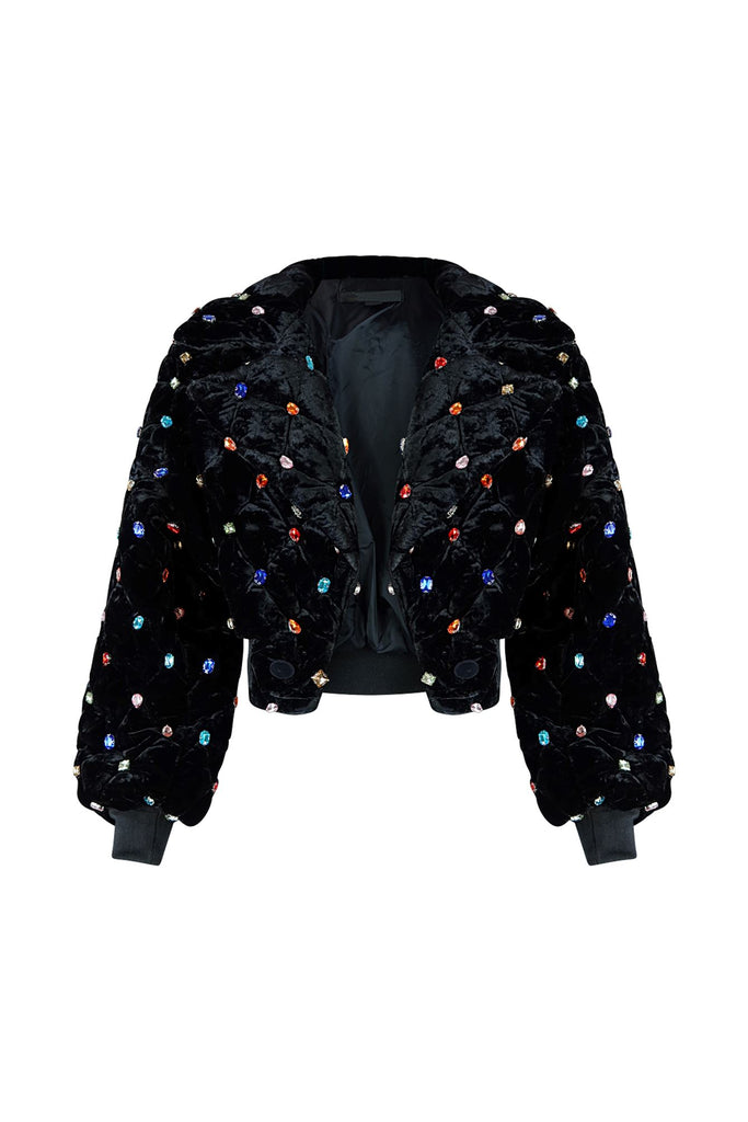 Bossy Puffer Suede Bejeweled Jacket Outerwear EDGE Small Black 