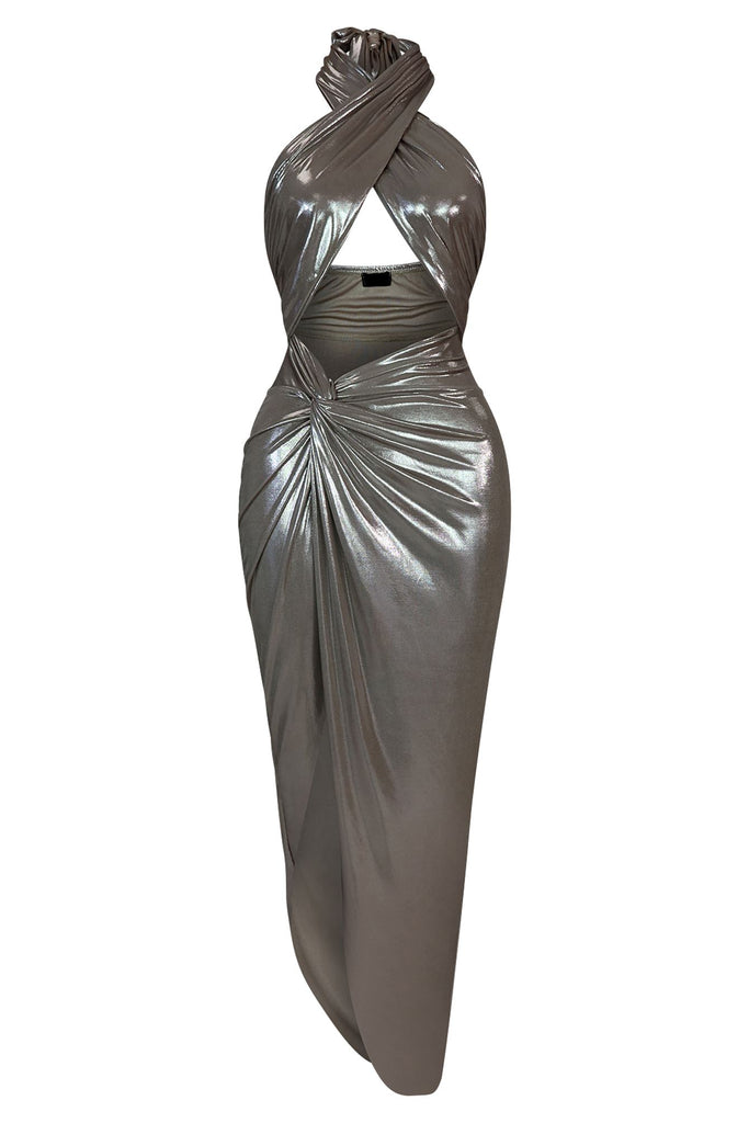 Eclipse Metallic Foil Halter Dress Dresses EDGE Small Mud 