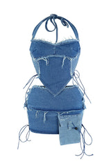 Takeover Denim Halter Top &amp; Low Rise Skirt SET matching sets EDGE Small Dark Wash 
