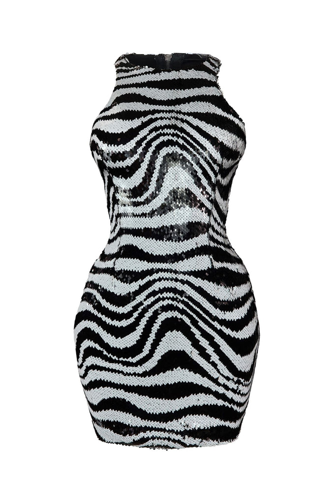 Follow Me Zebra Sequin Sleeveless Mini Dress Dress EDGE Small Black/White 