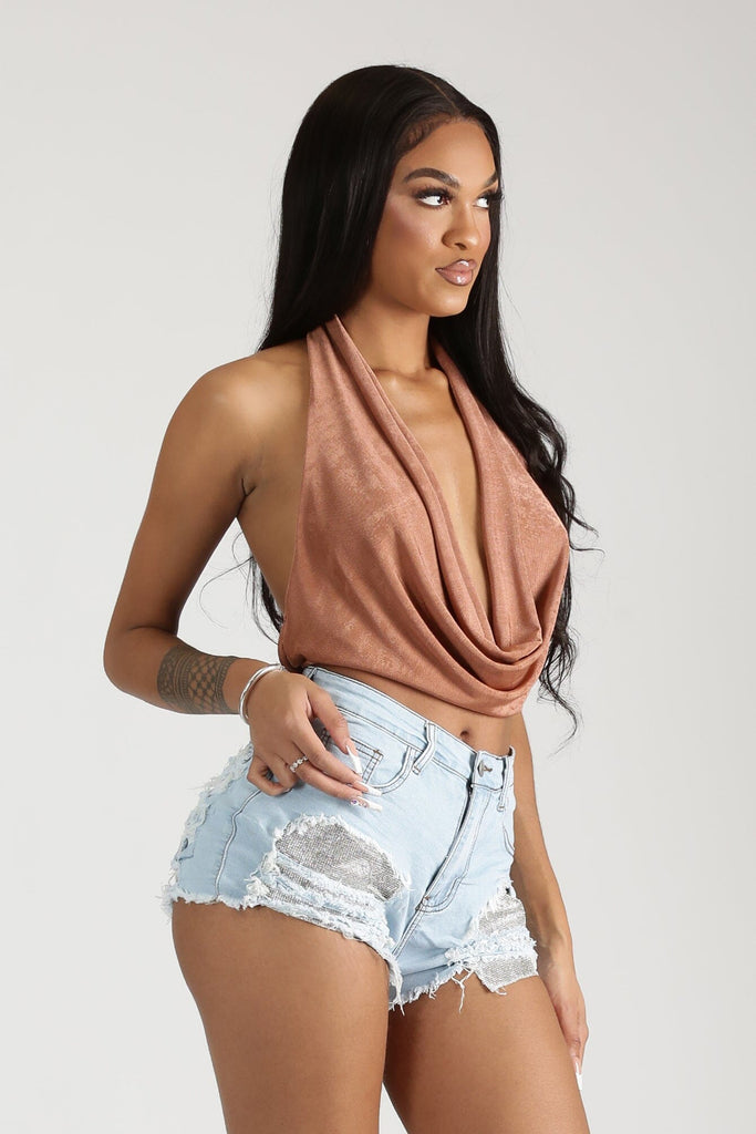 Will Never Let You Down Halter Neck Draped Top - Brown -  KNOWSTYLE - EDGE - EDGEONLINESTORE