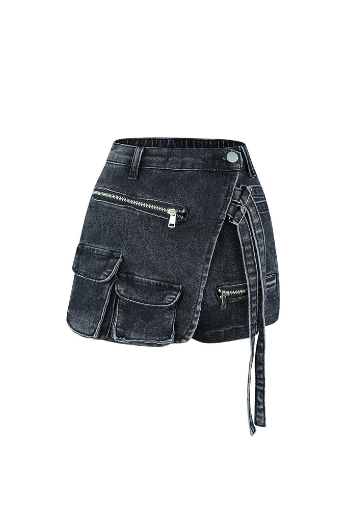 Trendy Half Wrap Pocket Black Denim Shorts bottom EDGE 