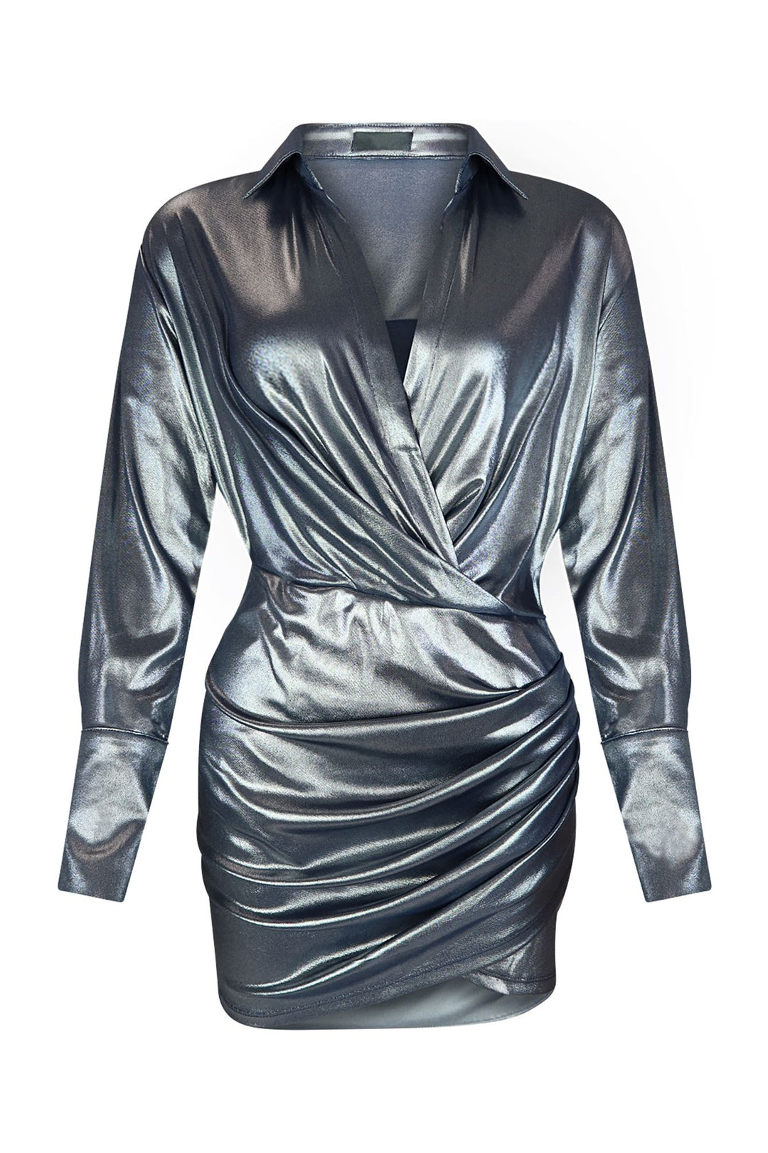 Calypso Shiny Drape Mini Dress DRESS EDGE Small Navy 