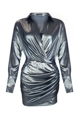 Calypso Shiny Drape Mini Dress DRESS EDGE Small Navy 