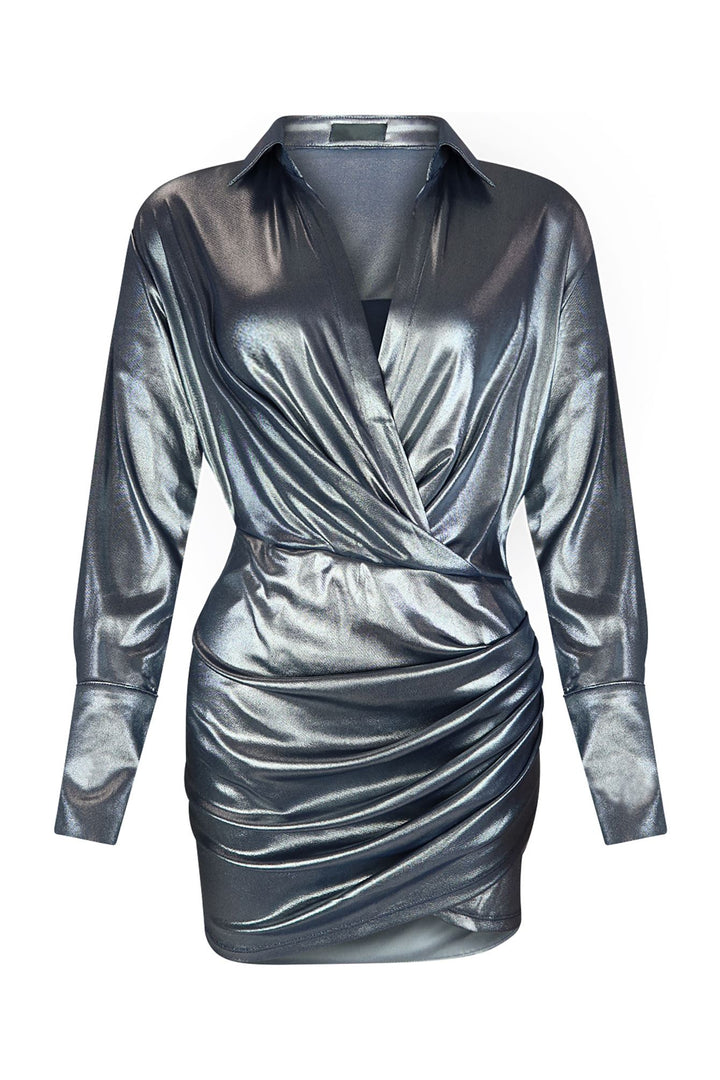 Calypso Shiny Drape Mini Dress DRESS EDGE Small Navy 