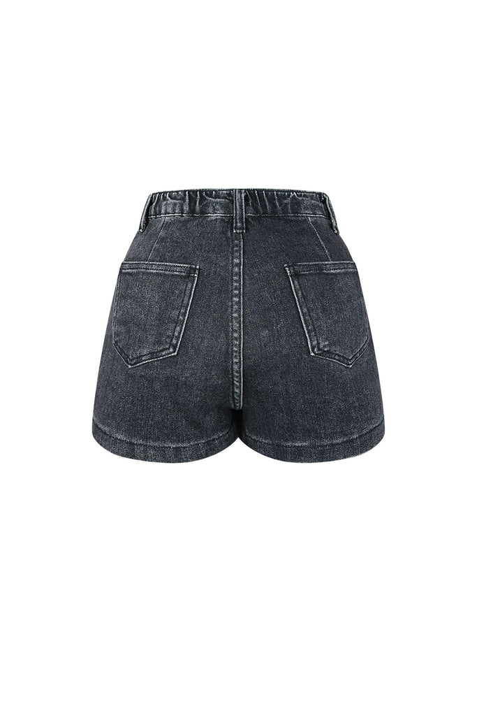 Trendy Half Wrap Pocket Black Denim Shorts bottom EDGE 