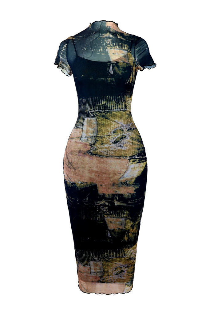 Jewel Of The East Mesh Print Midi Dress DRESS EDGE Small Rust 