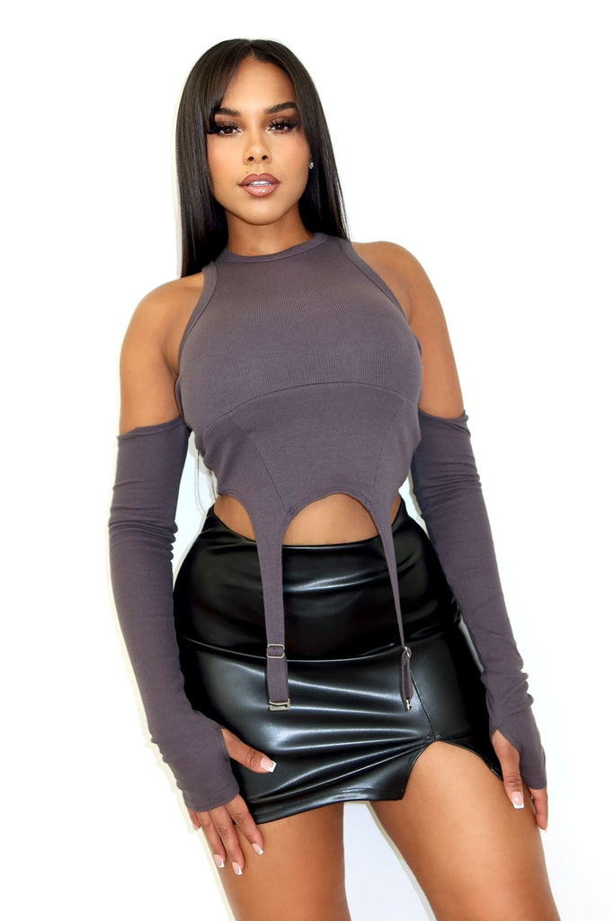 Main Game Ribbed Cold Shoulder Top Crop Top EDGE Small Charcoal 