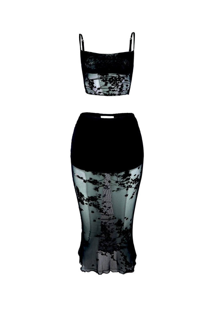 Wandering Burnout Mesh Top & Midi Skirt SET matching sets EDGE Small Black 