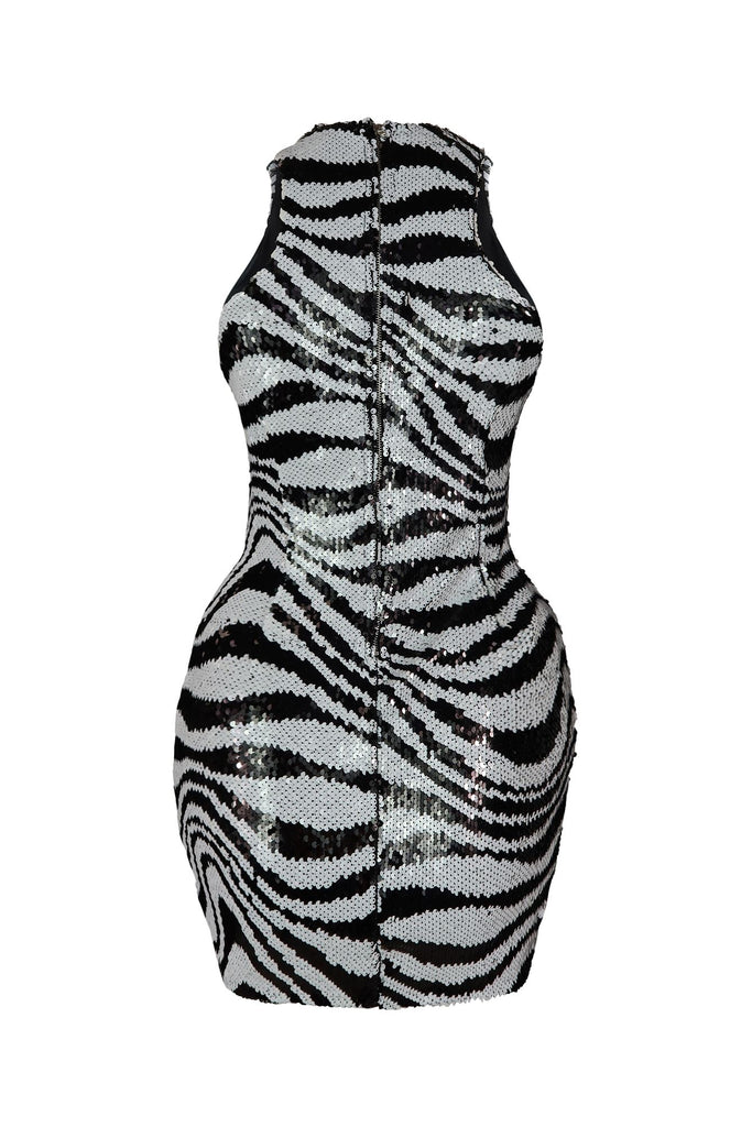Follow Me Zebra Sequin Sleeveless Mini Dress Dress EDGE 