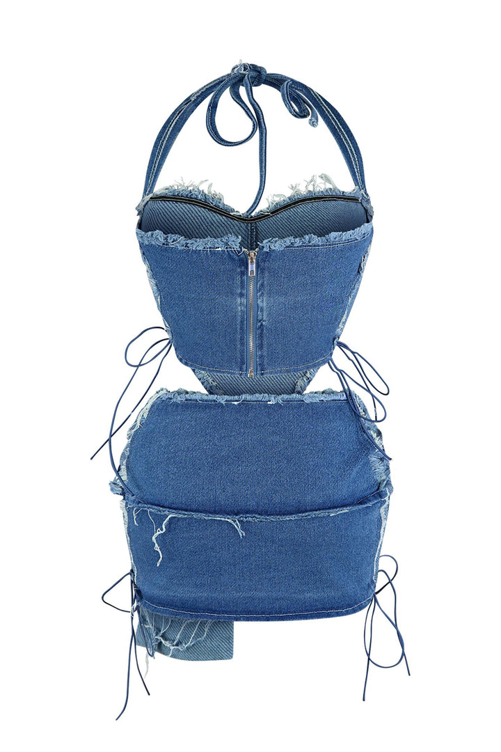Takeover Denim Halter Top &amp; Low Rise Skirt SET matching sets EDGE 