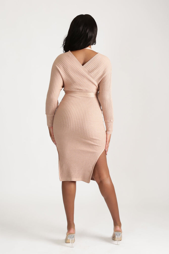 When I See U Off The Shoulder Knit Midi dress - Beige - KNOWSTYLE - EDGE - EDGEONLINESTORE