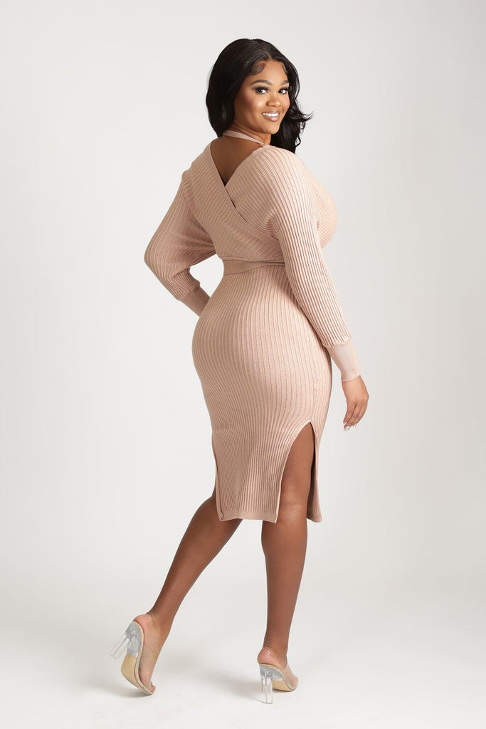 When I See U Off The Shoulder Knit Midi dress - Beige - KNOWSTYLE - EDGE - EDGEONLINESTORE
