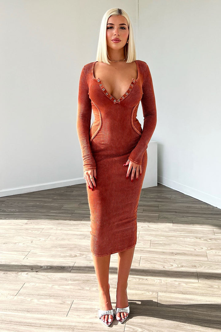 Nadia Mineral Washed Midi Dress Dresses EDGE Small Burnt Orange 