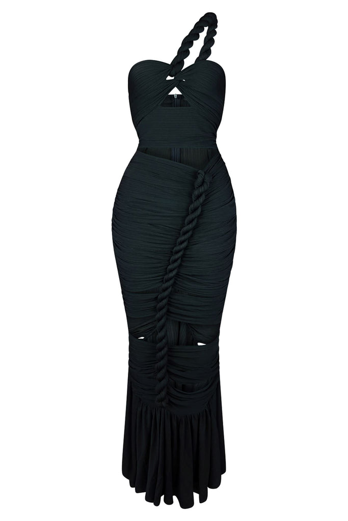 Twice Twist Rope One Shoulder Cut Out Maxi Dress Dress EDGE Small Black 