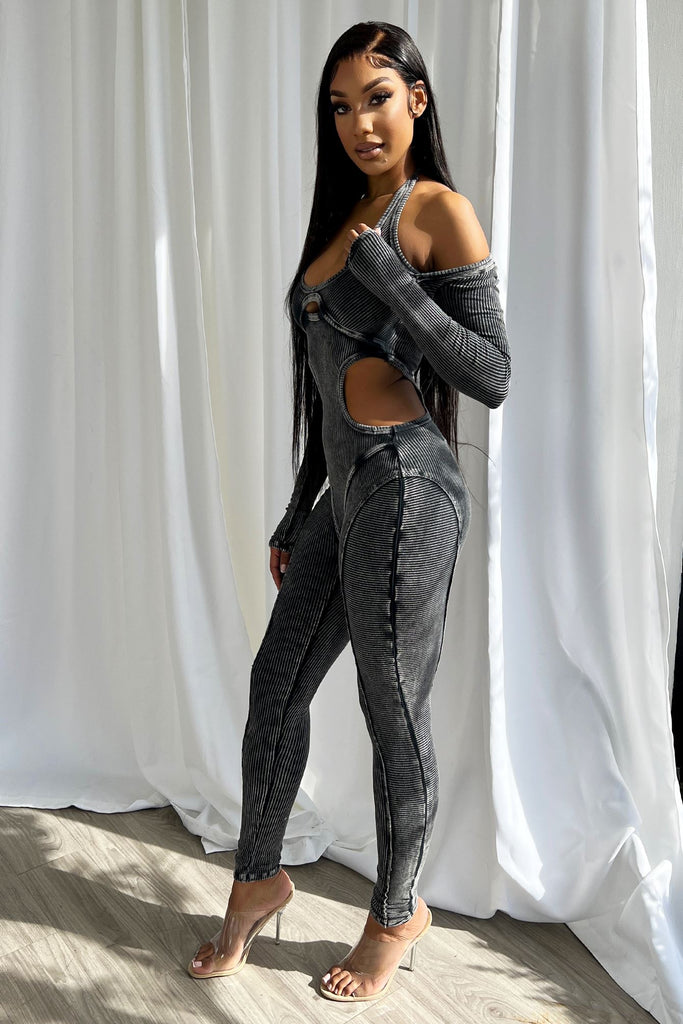 Demi Mineral Washed Cutout Jumpsuit Rompers + Jumpsuits EDGE 