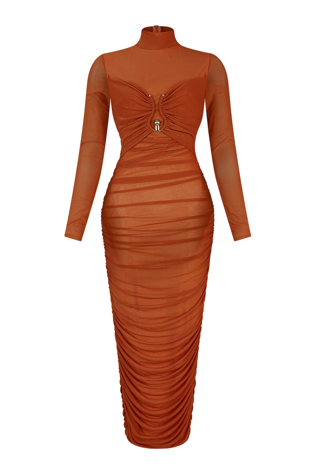 Deep Hearts Mesh Ruched Dress Dress EDGE Small Rust 