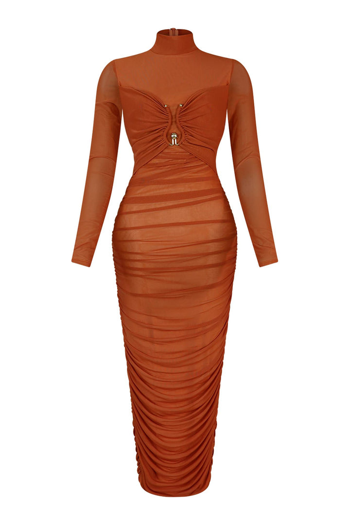 Deep Hearts Mesh Ruched Dress Dress EDGE Small Rust 