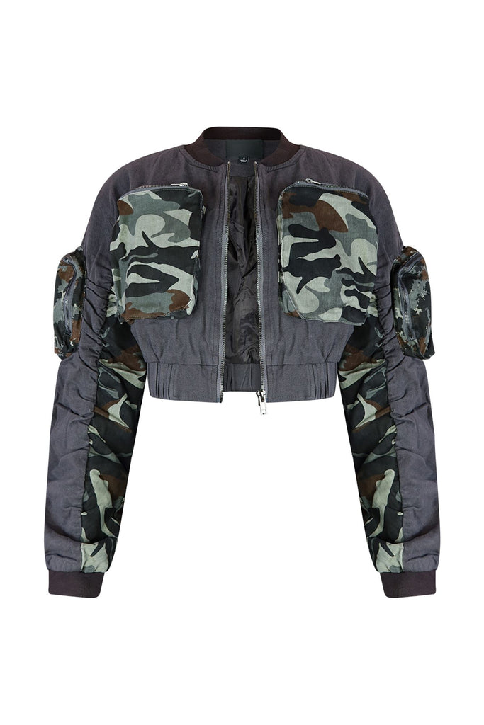 Wake Me Up Camo Pockets Scrunched Jacket Outerwear EDGE Small Charcoal Grey 
