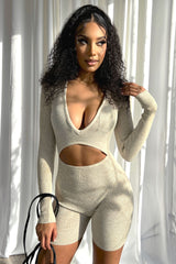 Cut Him Off Cutout Long Sleeve Romper Rompers + Jumpsuits EDGE Small Oatmeal 