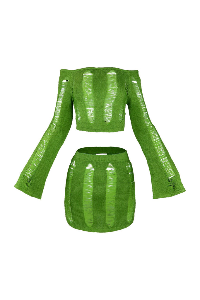 Ventura Knit Long Sleeve Top & Skirt SET matching sets EDGE Small Chartreuse 