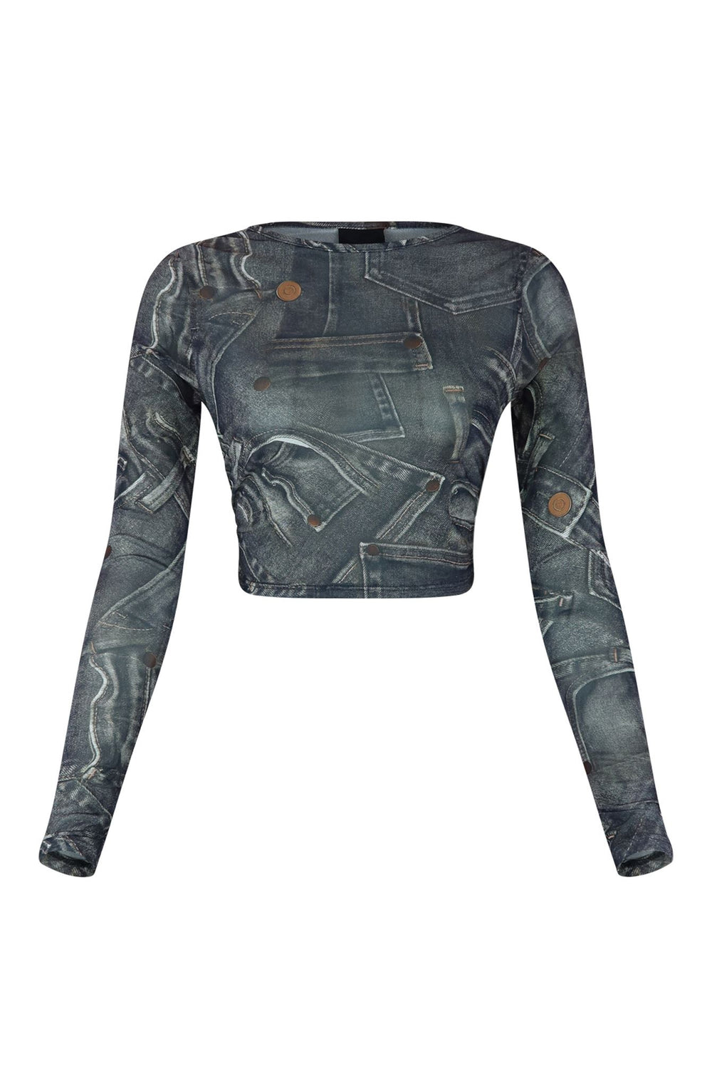 Break It Off Denim Print Mesh Top Crop Top EDGE Small Black 