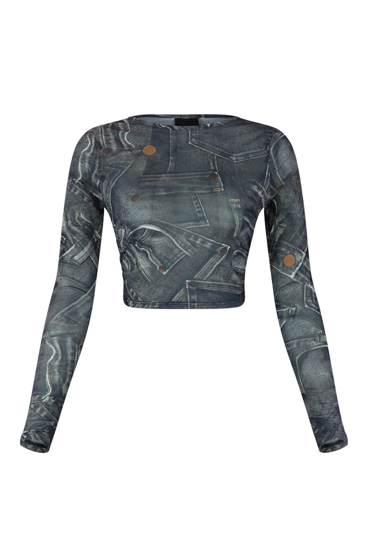 Break It Off Denim Print Mesh Top Crop Top EDGE Small Black 