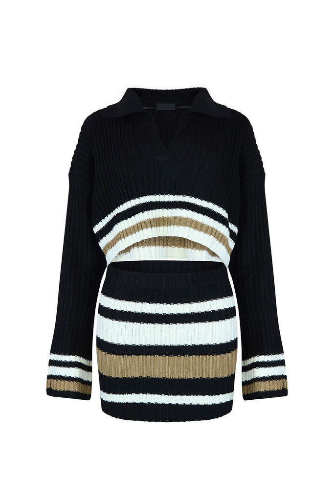 Turn Around Striped Knit Top & Skirt SET matching sets EDGE Small Black 