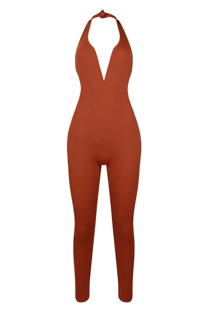 Rachel Wired Halter Neck Skinny Jumpsuit Rompers + Jumpsuits EDGE Small Rust 