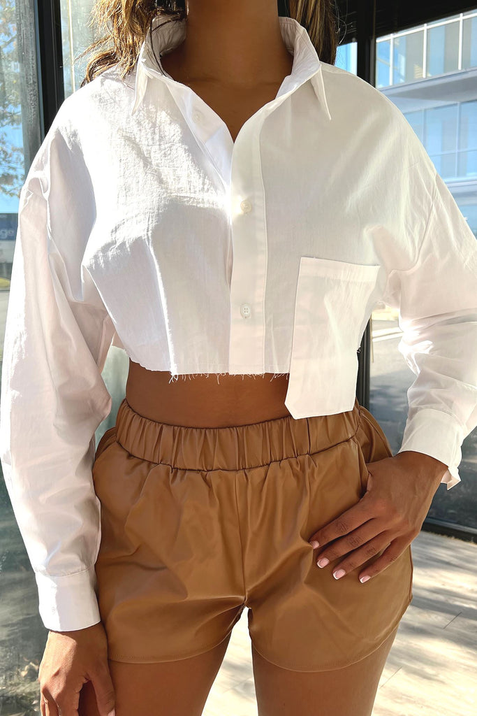 Genesis Collared Cropped Shirts Top -White - EDGEbyKS