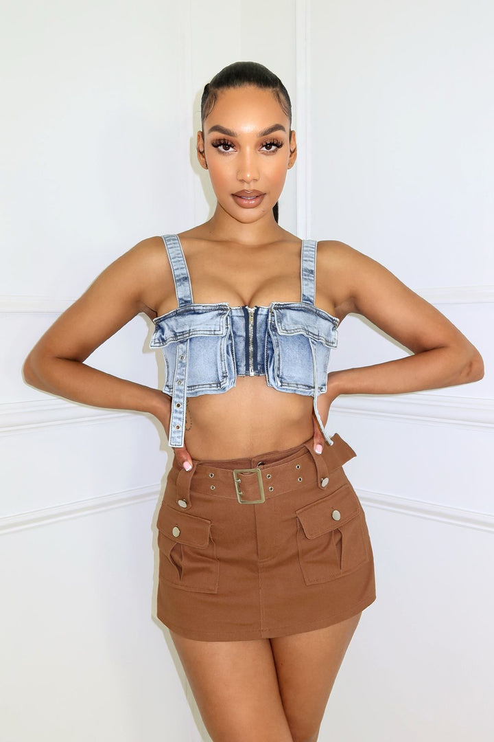 Lillian Washed Denim Pocket Crop Top Top EDGE Small Light Wash 