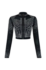 Galore Rhinestone Mesh Top Crop Top EDGE Small Black 