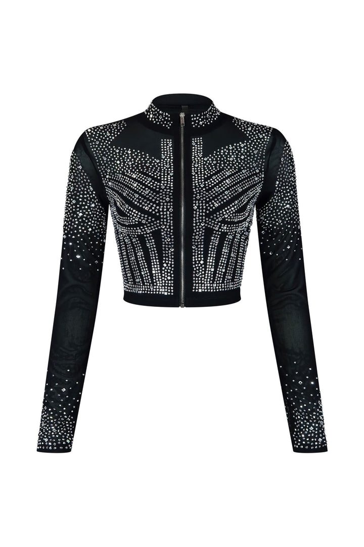 Galore Rhinestone Mesh Top Crop Top EDGE Small Black 