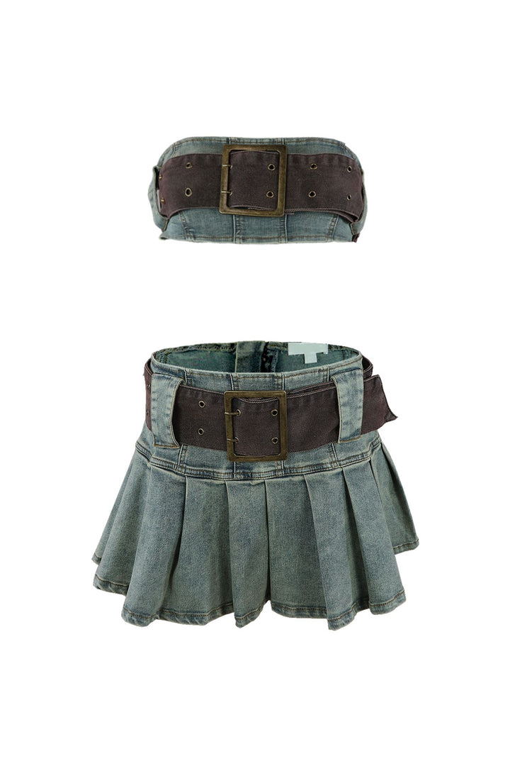 Vintage Chocolate Washed Denim Top &amp; Skirt SET matching sets EDGE 