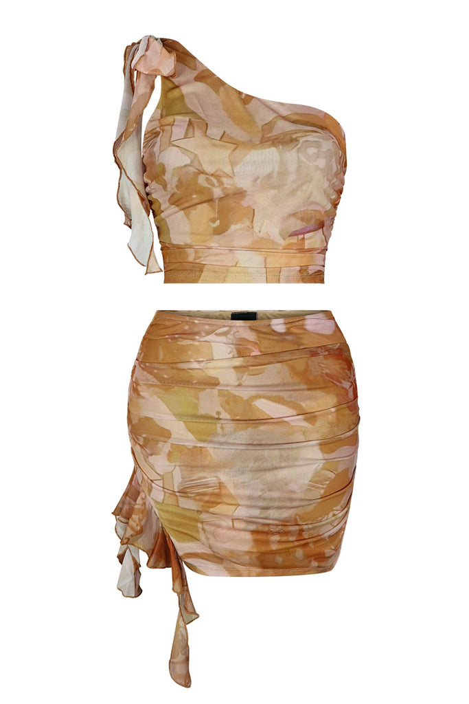 Alexa Print Mesh One Shoulder Top & Skirt SET matching sets EDGE Small Brown/Multi 