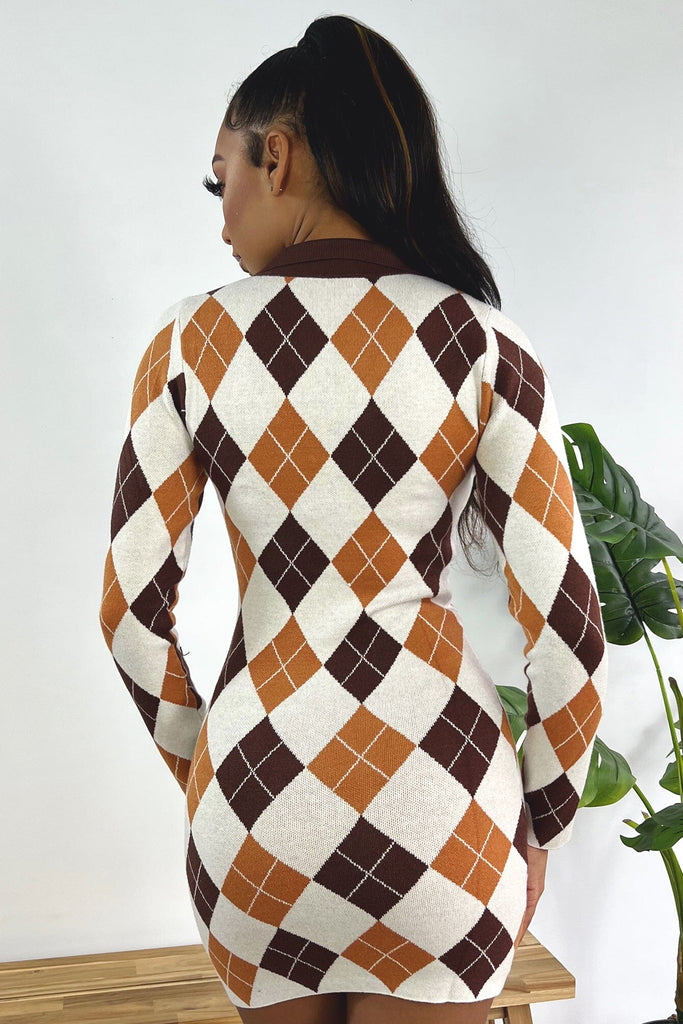 Mayflower Argyle Sweater Mini Dress - Brown- EDGEbyKS