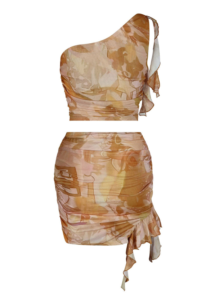 Alexa Print Mesh One Shoulder Top & Skirt SET matching sets EDGE 